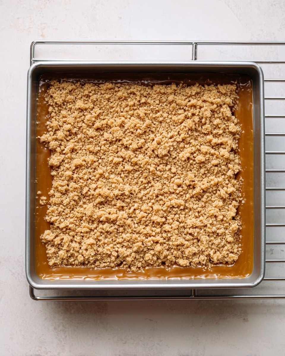 The image shows a silver baking pan on a white marbled surface. Inside the pan, there is a dessert with two visible layers: a crumbly, golden brown topping that looks crunchy and uneven, and a smooth, caramel-colored layer beneath it. The topping is spread across the entire surface with some small gaps showing the layer under. The pan is resting on a metal wire rack, and the overall look is simple and homey. photo taken with an iphone --ar 4:5 --v 7