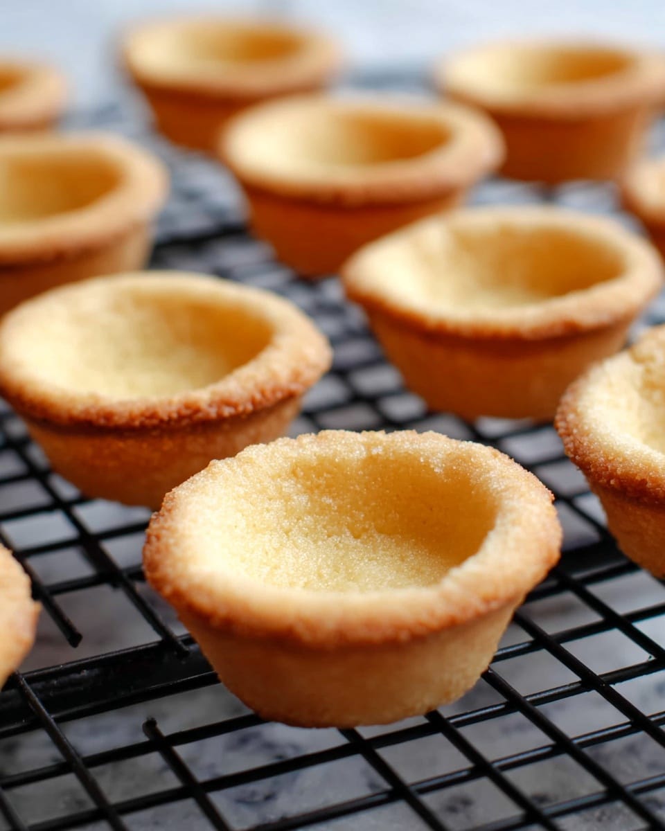 The image shows several small tart shells arranged closely on a black cooling rack. Each tart shell is golden brown with a slightly rough texture and a soft, crumbly edge. The tart shells have a shallow concave shape with sides that gently curve upward and a smooth, even base. The background features a white marbled texture that contrasts softly with the black rack and the warm tone of the tart shells. The focus is on the tart shells in the front row, which appear crisp and well-baked while those further back are softly blurred. photo taken with an iphone --ar 4:5 --v 7