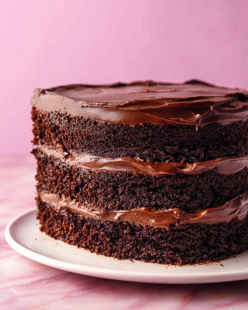 The image shows a three-layer chocolate cake on a white plate, with rich dark brown cake layers separated by thick, smooth, and glossy dark chocolate frosting. The top layer is fully covered with the same dark chocolate frosting, which has a slightly swirled texture. The cake looks moist with dense layers and the frosting edges slightly overlap the sides of the cake. The background is a soft pink color, and the setup is on a white marbled surface. photo taken with an iphone --ar 4:5 --v 7