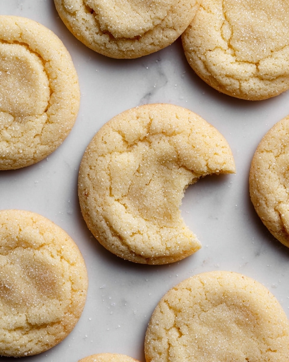 The image shows several sugar cookies arranged on a white marbled surface. Each cookie is round with a light golden color and a slightly cracked texture on the top. One cookie near the center has a bite taken out of it, revealing a soft, crumbly inside. The cookies have a light coating of sugar crystals that add a subtle sparkle to the surface. The cookies are spaced evenly, with the white marbled background enhancing their warm tones. photo taken with an iphone --ar 4:5 --v 7