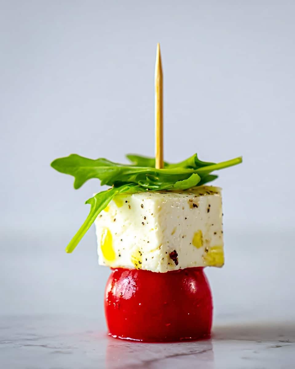 A single appetizer skewer stands upright on a white marbled surface, consisting of three layers. The bottom layer is a bright, glossy red cherry tomato, smooth and round. Above it is a fresh, green basil leaf with a slightly ruffled texture, draping over the tomato's edges. The top layer is a thick, creamy white cube of cheese, speckled with small black pepper pieces and tiny drops of yellow oil. A wooden toothpick pierces through all layers from top to bottom, holding them together. Photo taken with an iphone --ar 4:5 --v 7