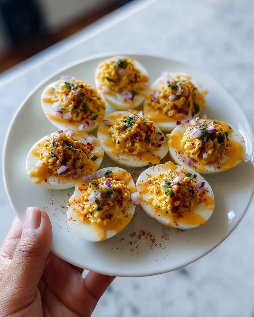 The image shows six deviled eggs arranged on a white plate with a white marbled surface below. Each egg half has a smooth white base layer, filled with a creamy yellow mixture that includes visible chunks of corn. The filling is topped with small pieces of bright purple diced onion and finely chopped green herbs. There is a dusting of reddish-brown spice on the eggs, with a light drizzle of creamy orange sauce over and around each deviled egg, adding texture and color contrast. Photo taken with an iphone --ar 4:5 --v 7