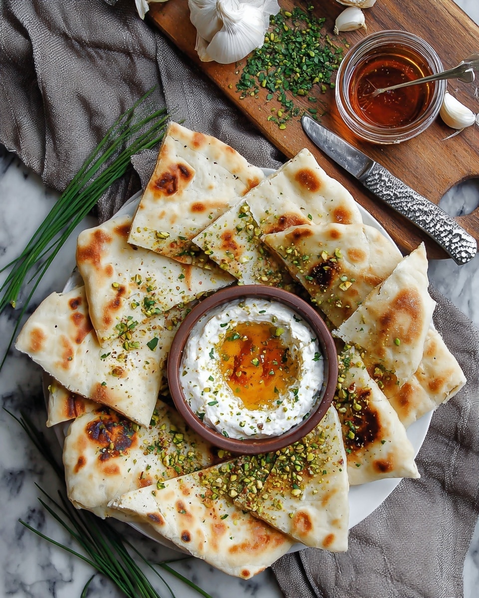 A white plate is full of triangular pieces of flatbread with light brown toasted spots, surrounding a small brown bowl in the center filled with white creamy dip. The dip has a well in the middle filled with golden honey, and the edges are sprinkled with chopped green pistachios and finely chopped herbs. Next to the plate, on a wooden board, there are some fresh chives, minced herbs, a garlic bulb, and a glass jar filled with dark amber honey. A silver knife with a grey beaded handle lies on the board. The whole setup rests on a white marbled surface with a grey cloth napkin nearby. Photo taken with an iphone --ar 4:5 --v 7