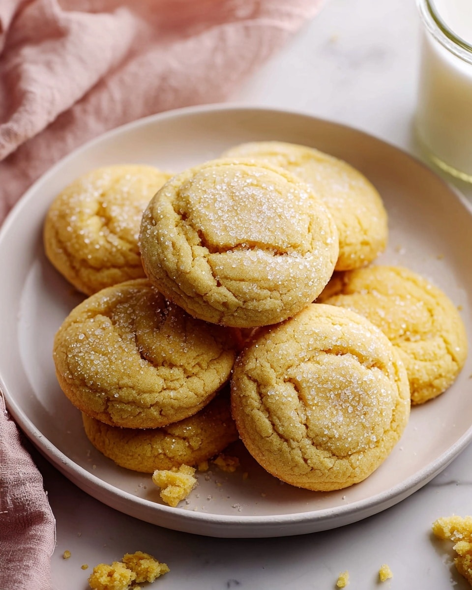 A round white plate holds several soft, golden-yellow cookies stacked in a small pile, each cookie covered in a thin layer of granulated sugar that sparkles slightly. The cookies have a slightly cracked surface texture that shows a tender inside beneath a lightly firm outside. Crumbs from the cookies are scattered near the plate, resting on a pink cloth. Behind the plate, there is a blurry glass filled with a light-colored beverage. The entire scene sits on a white marbled surface. Photo taken with an iphone --ar 4:5 --v 7