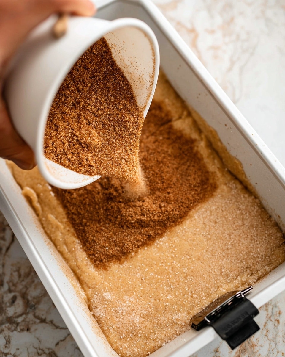 A close-up image shows a white baking tray filled with a light brown batter layer topped with a thick, even layer of brown sugar and cinnamon mix being poured from a white bowl held by a woman's hand. The brown sugar and cinnamon layer has a fine, grainy texture and spreads evenly across the surface of the batter. The white baking tray is clamped on both sides with black clips, and the background features a white marbled texture. photo taken with an iphone --ar 4:5 --v 7