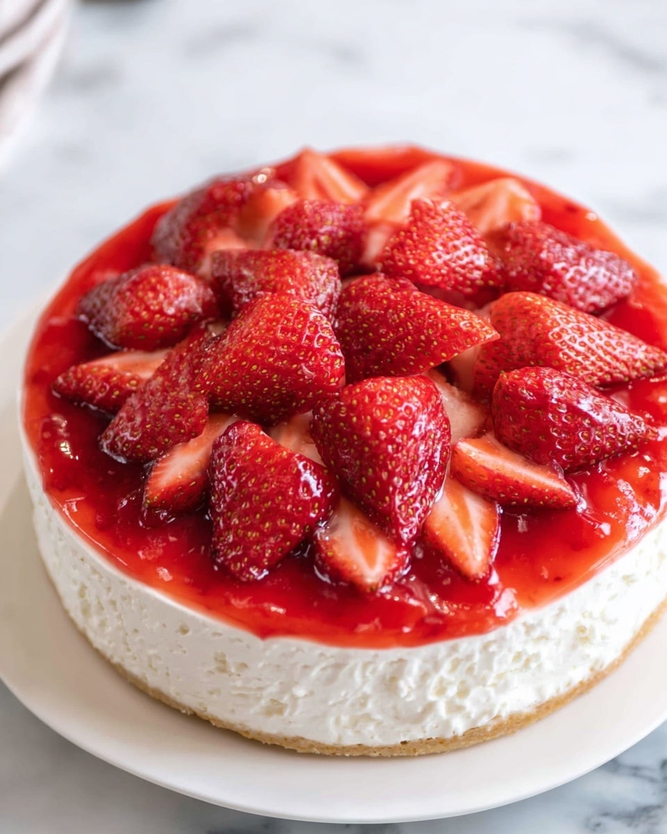 A round dessert with three layers sits on a white plate over a white marbled surface. The bottom layer is a thick, textured white base that looks creamy, topped with a bright red strawberry sauce layer that has a slightly uneven, glossy texture. On top, there is a fresh strawberry layer made of halved strawberries arranged neatly in a circular pattern with the cut sides facing up, showing their vivid red interior and seeds. The overall look is fresh and colorful, with a clear focus on the juicy strawberries. photo taken with an iphone --ar 4:5 --v 7