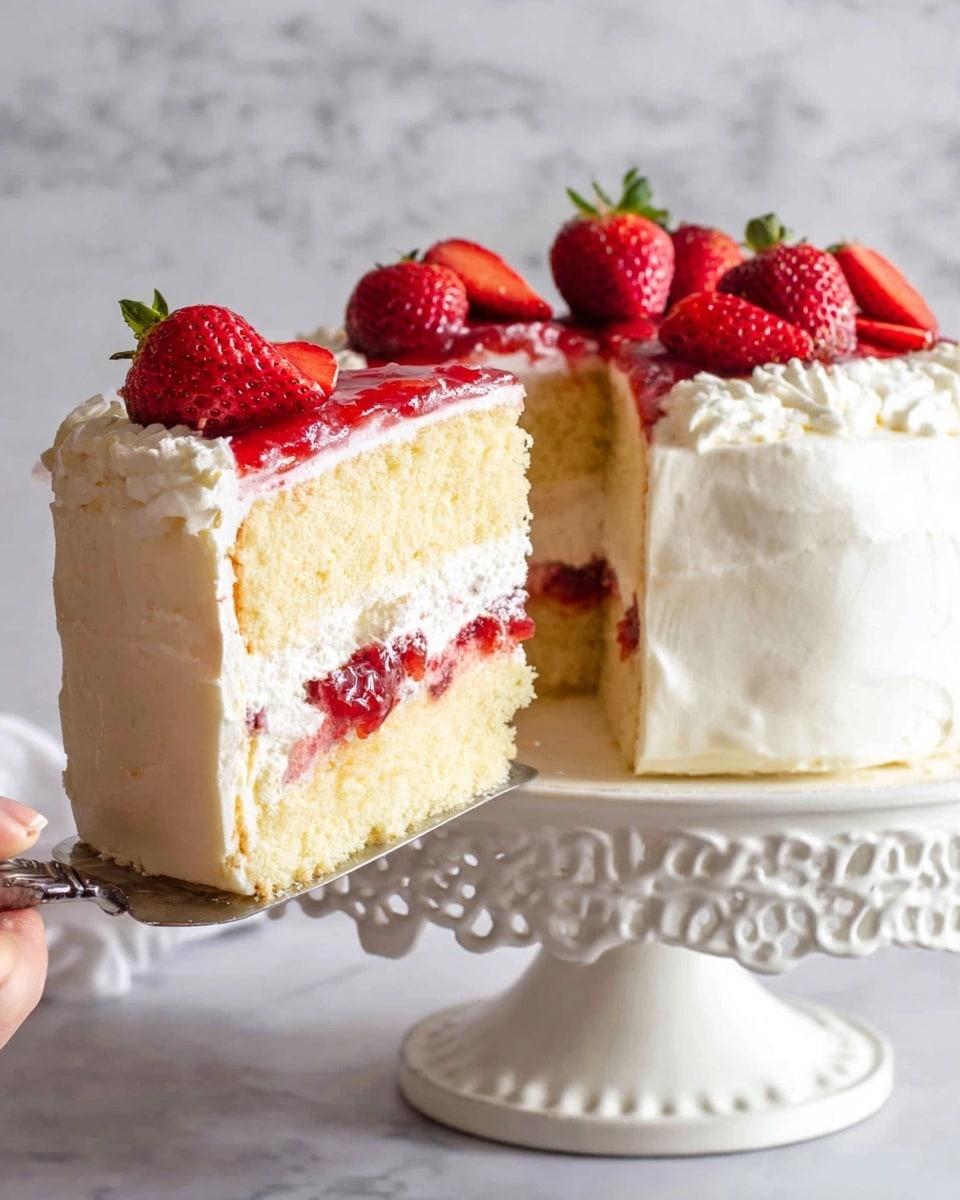 The image shows a white frosted two-layer cake on a white cake stand with decorative edges. The bottom layer is a light yellow sponge cake, topped with a layer of red strawberry jam mixed with a thin white cream layer. The second layer is the same yellow sponge cake, covered by a thick white frosting that also covers the entire cake outside. On top of the cake cover is a red strawberry jam layer with fresh whole strawberries carefully placed around the edge and one in the center. A slice of the cake is lifted on a silver spatula, held by a woman's hand, showing the inside layers clearly. The background is a white marbled texture. photo taken with an iphone --ar 4:5 --v 7