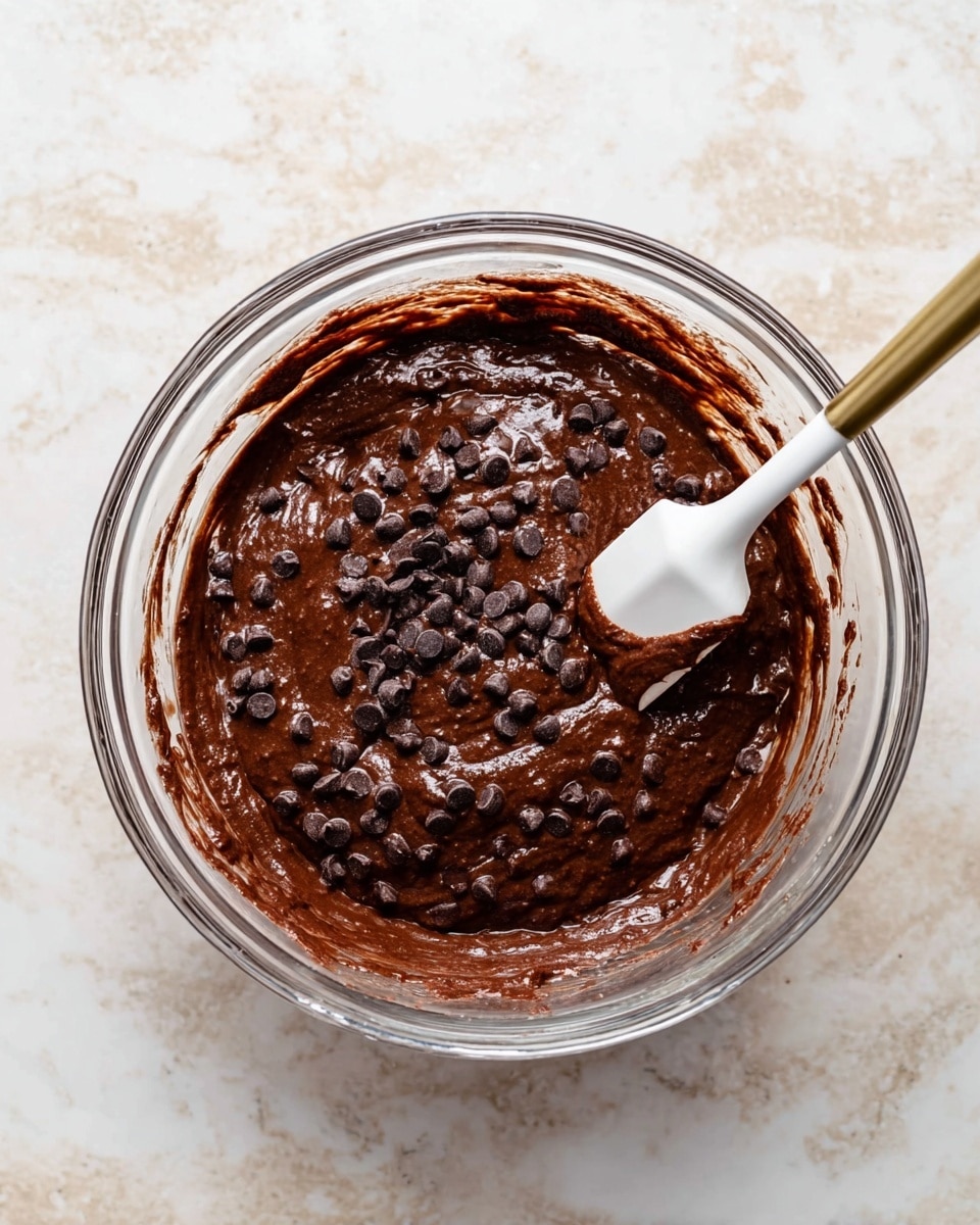 A clear glass mixing bowl filled with thick, dark brown chocolate batter mixed with small black chocolate chips scattered throughout. A white spatula with a gold handle rests inside the bowl, partly covered with batter. The background is a white marbled texture. photo taken with an iphone --ar 4:5 --v 7