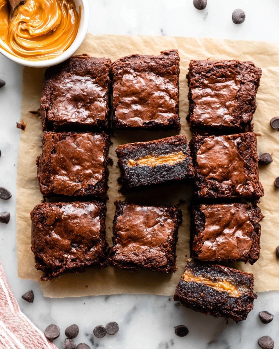 A square batch of nine dark brown brownies with a shiny, slightly cracked top is shown from above on parchment paper over a white marbled surface. Two brownies are separated, with one on its side showing three layers: a thin top brownie layer, a thick middle light brown creamy layer, and a bottom dense brownie layer. Scattered chocolate chips and a white bowl with swirled orange filling sit nearby. photo taken with an iphone --ar 4:5 --v 7
