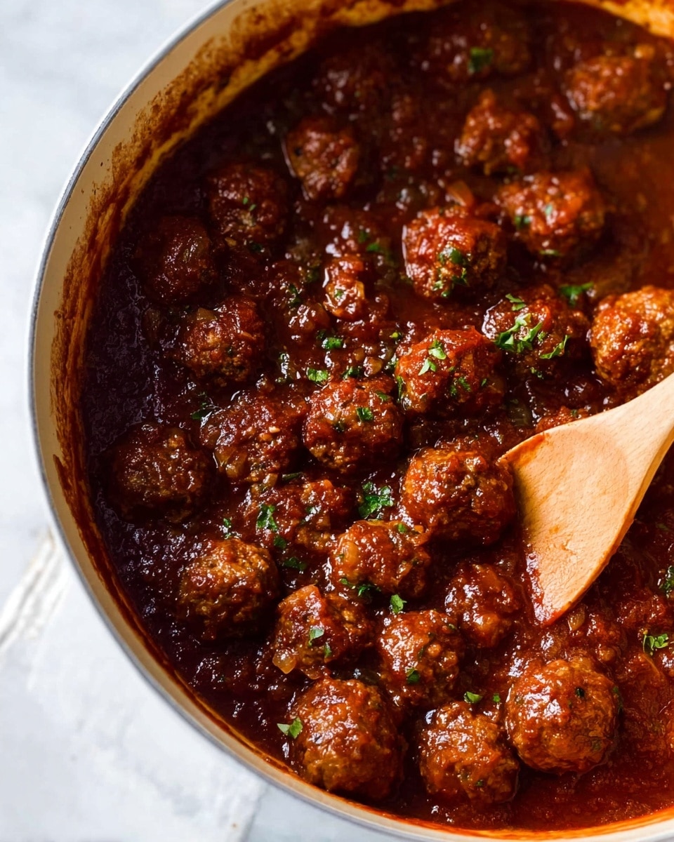 The image shows a white round pot filled with small brown meatballs covered in thick, dark red tomato sauce. The sauce looks rich and slightly chunky with visible pieces of cooked onions and bits of herbs. The meatballs are evenly cooked, with a shiny coating from the sauce. A wooden spoon is resting inside the pot on the right side, partially submerged in the sauce. The pot is placed on a white marbled surface photo taken with an iphone --ar 4:5 --v 7