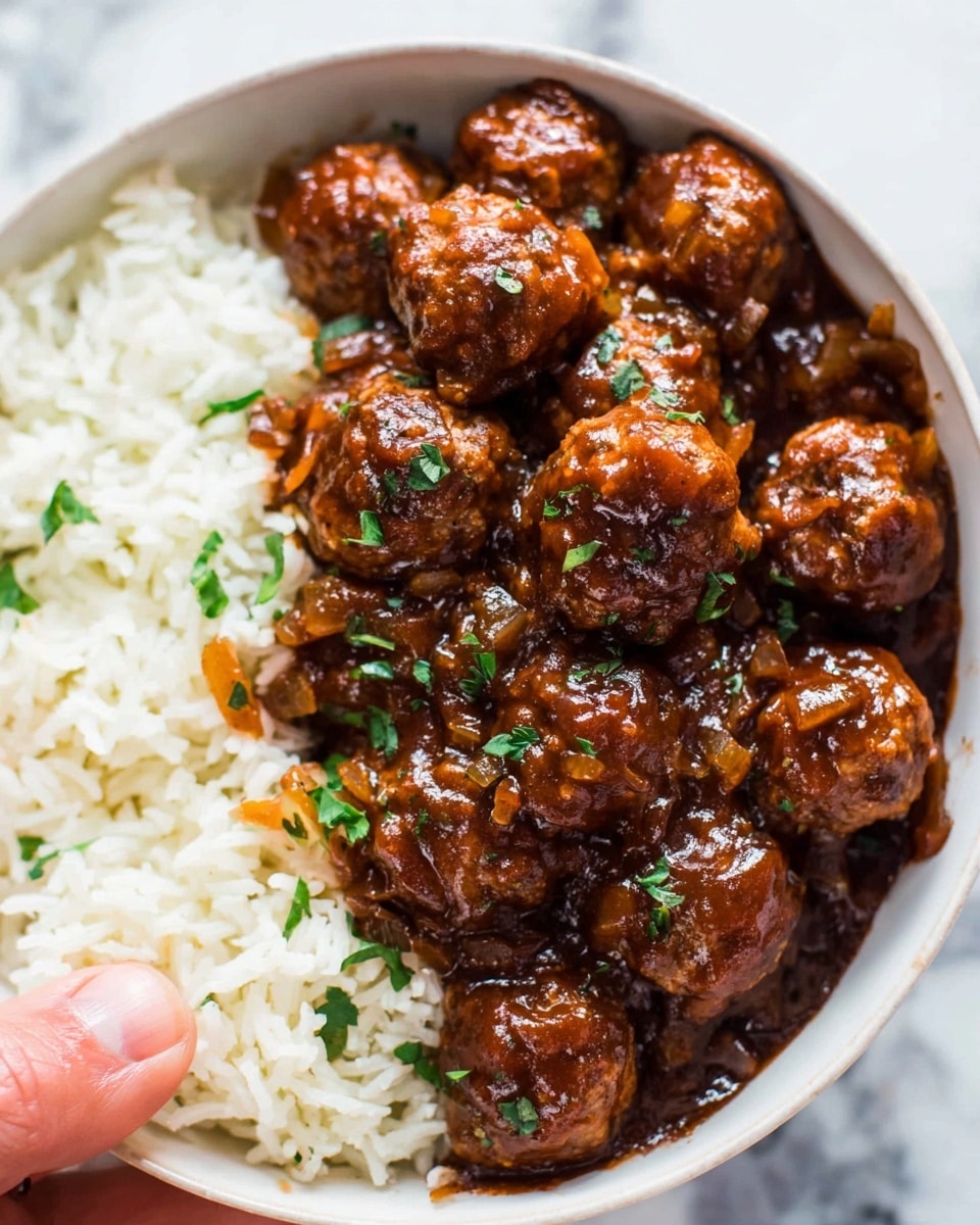 A white bowl contains two main layers: on one side, light brown rice mixed with thin, crispy brown noodles, creating a textured and soft layer; on the other side, small round meatballs covered in a shiny dark brown sauce with visible small onion pieces and green herb bits sprinkled on top. A silver fork and spoon rest on the edge of the bowl. The bowl sits on a white marbled surface with a striped cloth nearby. Photo taken with an iphone --ar 4:5 --v 7