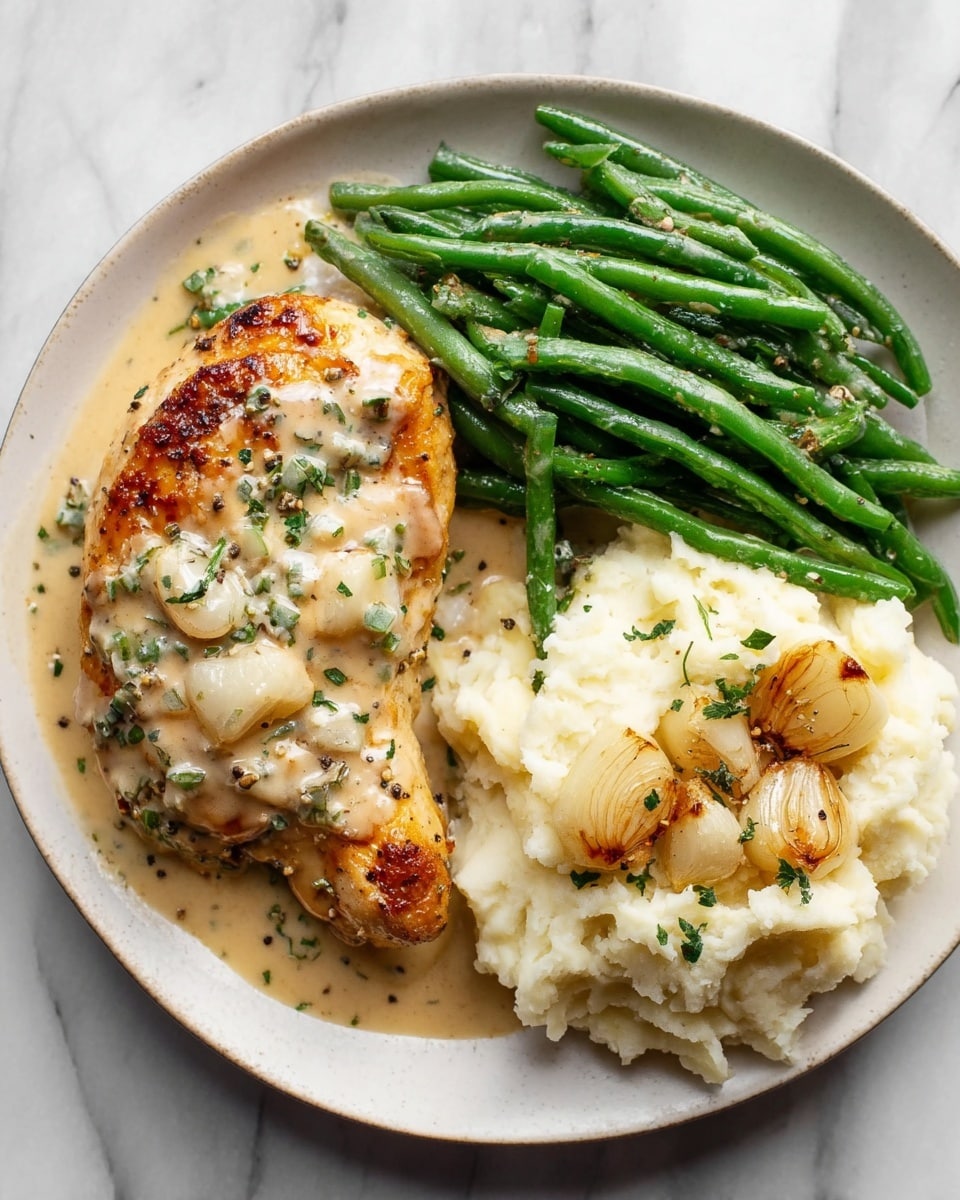 A white plate holds three main parts: on the top left is a golden-brown cooked chicken piece covered with a light creamy sauce sprinkled with small green herb bits; on the bottom left are bright green steamed green beans also drizzled with the same creamy sauce; on the right side of the plate is a scoop of mashed potatoes that look smooth and creamy with roasted garlic cloves on top, sprinkled with herbs and black pepper, all sitting on a white marbled surface photo taken with an iphone --ar 4:5 --v 7