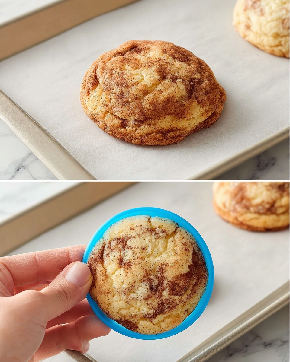 The image shows two views of a single cookie with a golden-brown top and light beige dough, featuring swirled darker brown cinnamon patches on its surface. The cookie has a slightly rounded, dome shape with a rough, crumbly texture around the edges. In the left view, the cookie is placed on white parchment paper on a white marbled surface. In the right view, a woman's hand holds a blue circular object over the cookie, framing it closely. The background is the same white marbled surface with another cookie partially visible near the top edge. photo taken with an iphone --ar 4:5 --v 7