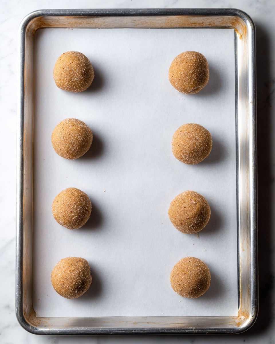 Eight round dough balls with a light brown color and a sugar-like coating are spaced out evenly on a white sheet of parchment paper, which is placed on a silver baking tray. The dough balls have a slightly rough texture and are arranged in two vertical columns with four balls in each column. The background shows a white marbled surface beneath the tray photo taken with an iphone --ar 4:5 --v 7