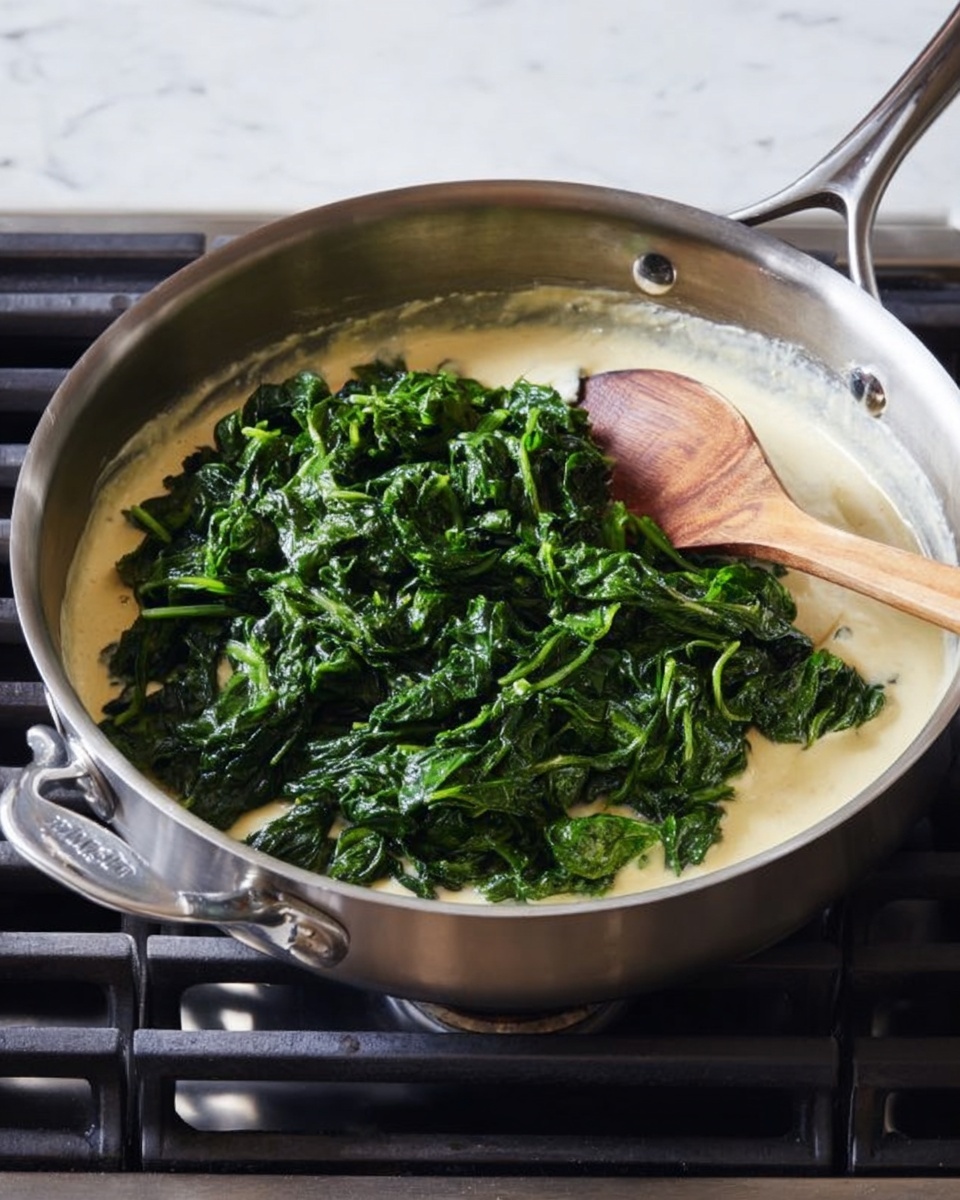 A gray metal pan sits on a stove with black grates and a white marbled counter partially visible to the side; inside the pan, a creamy, pale yellow sauce covers the bottom layer, topped with a large pile of cooked, dark green spinach leaves with a slightly wet texture; a wooden spoon with a smooth surface is placed on the right side of the pan, with its tip in the spinach, mixing the ingredients. photo taken with an iphone --ar 4:5 --v 7