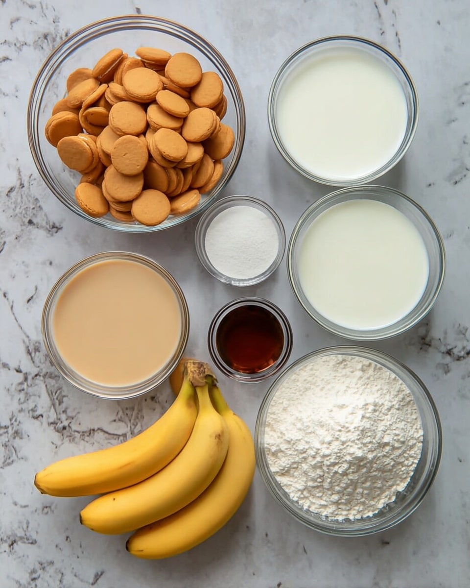 The image shows various baking ingredients arranged neatly on a white marbled surface. There is a large clear bowl filled with small round vanilla wafers in the top left corner. To the right are two medium clear bowls filled with white milk. Below the wafers is a medium clear bowl with a beige liquid, likely condensed milk. Next to this is a small clear container with a dark brown liquid, probably vanilla extract. There are three ripe yellow bananas placed near the center. To the right of the bananas is a medium clear bowl filled with white flour, and next to it, a small clear bowl holds white powdered sugar. Photo taken with an iphone --ar 4:5 --v 7