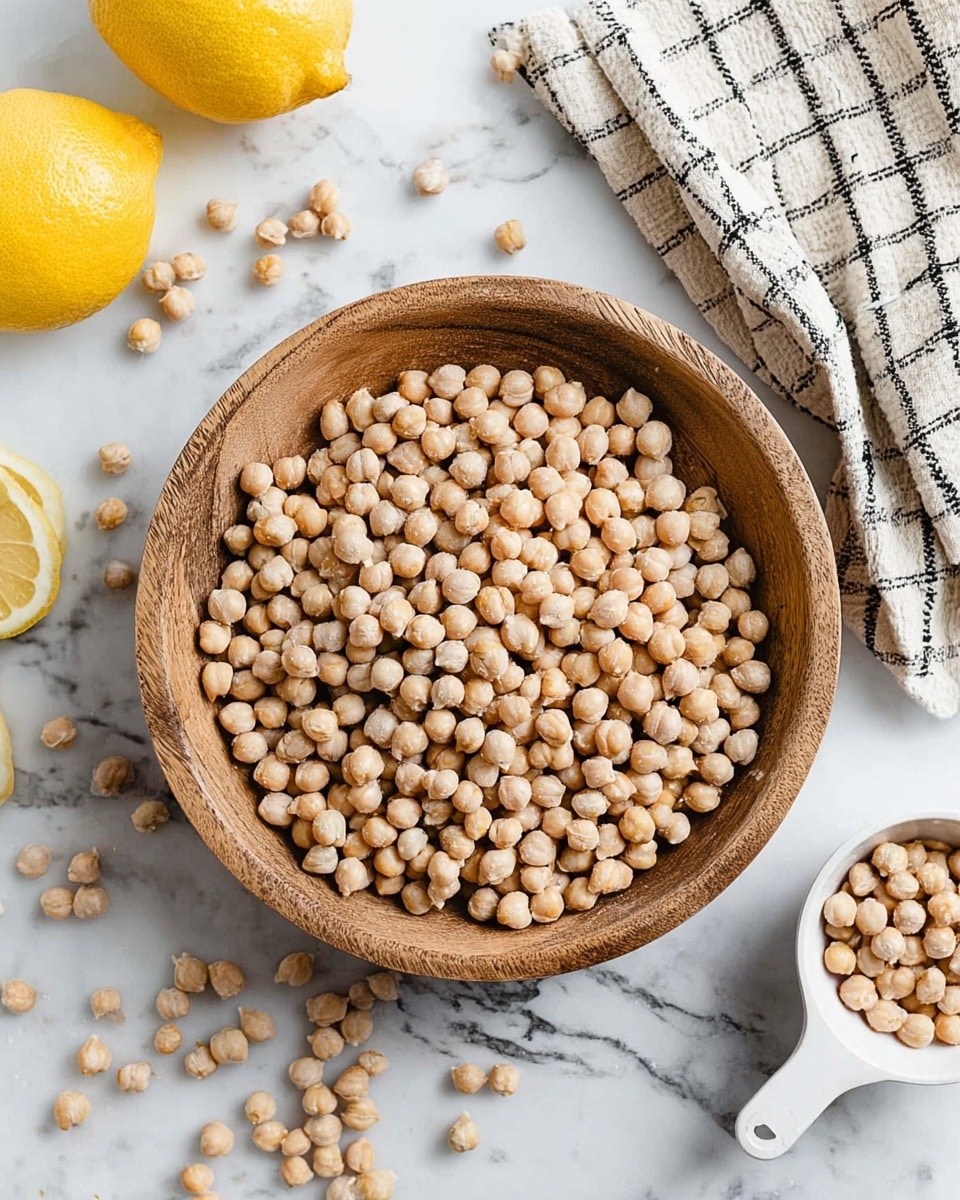 A wooden bowl filled with many light beige chickpeas, placed on a white marbled surface. Some chickpeas are spilled around the bowl. To the top left of the bowl, there are two lemon halves and one whole lemon, all yellow and bright. Near the top right corner of the image, a light-colored cloth with a black grid pattern is slightly crumpled. At the bottom right, there is a small white measuring cup, also with light beige chickpeas inside. The photo taken with an iphone --ar 4:5 --v 7