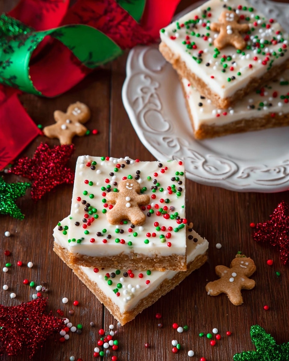 The image shows three square dessert bars with two layers: a light brown bottom layer and a thick white creamy top layer. The white creamy layer is decorated with red, green, white, and black round sprinkles spread evenly across the surface. Each bar has a small light brown gingerbread man shaped candy placed near the center. Two bars are stacked on a dark wooden surface with scattered sprinkles around them, and the third bar is placed on a white plate with an ornate design on the edge. There are also festive red and green ribbons in the background on the wooden surface. The photo taken with an iphone --ar 4:5 --v 7
