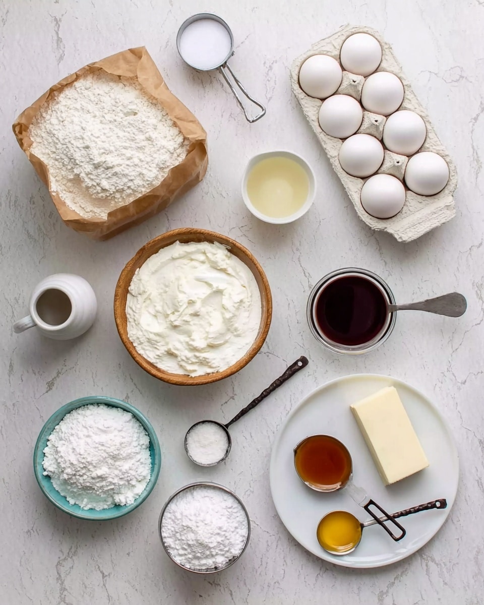 The image shows a flat top view of various baking ingredients neatly arranged on a white marbled surface. There is a brown paper bag filled with white flour on the top left with a clear scoop inside it, and to the right, a white egg tray holding four white eggs. Below the flour, a small white jug contains a white liquid, likely milk, and next to it a small white bowl holds a pale yellow liquid, probably oil. In the center is a wooden bowl filled with a thick white creamy substance, surrounded by a small turquoise bowl holding a white powder, possibly baking powder, and a rectangular slab of white solid, likely butter. Near the bottom are two metal measuring cups filled with white and powdery white powders. A white plate on the bottom right holds three small metal spoons filled with different colored liquids: dark brown, white, and golden yellow. The entire scene is bright with soft natural light, photo taken with an iphone --ar 4:5 --v 7