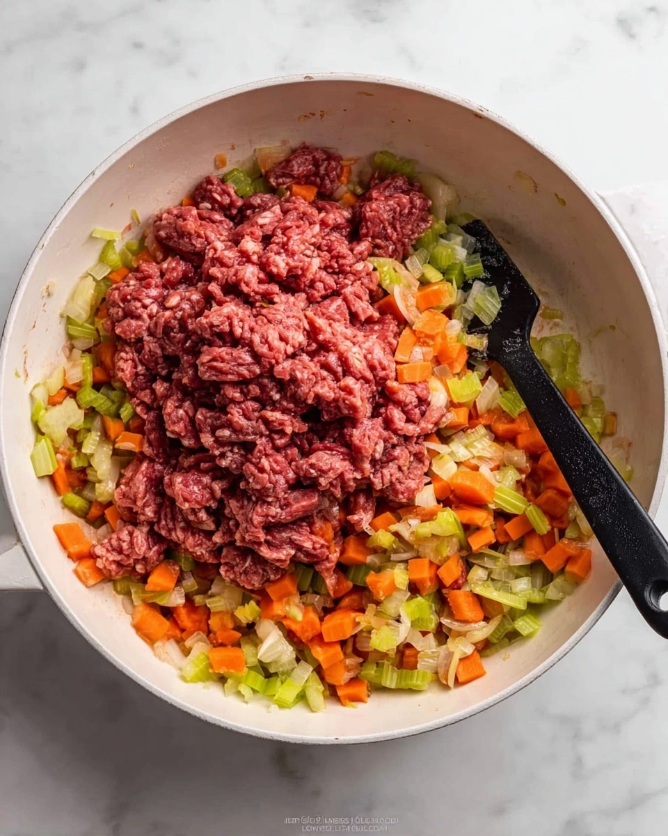 A white round pan contains three layers of food: at the bottom, there are small pieces of light green celery, orange carrot slices, and light yellow onion bits mixed together, covering the pan base. On top of this vegetable mix, there is a large portion of raw, ground red meat spread out but still in one chunk. A black spatula rests on the right side of the meat. The pan is on a white marbled surface. Photo taken with an iphone --ar 4:5 --v 7