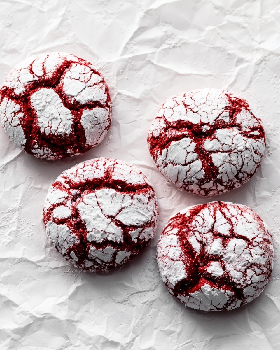 Four round red cookies sit on crinkled white paper over a white marbled surface. Each cookie is covered with a thick layer of cracked white powdered sugar that splits, revealing the deep red cookie underneath. The texture shows a contrast between the soft powdered sugar top and the dense, slightly rough red cookie base beneath. The powdered sugar layer is uneven with cracks that create a web-like pattern across the cookie tops. Photo taken with an iphone --ar 4:5 --v 7