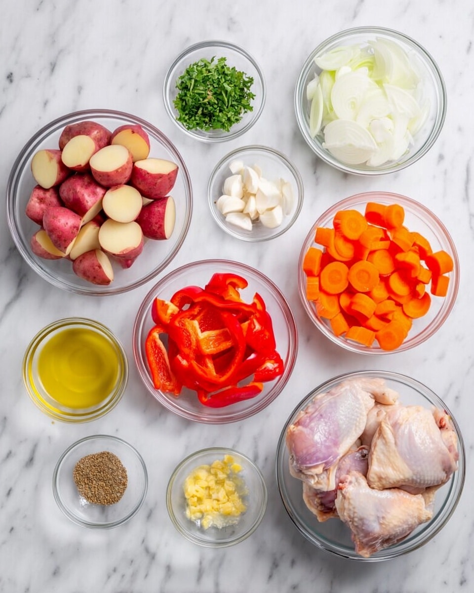 The image shows several clear glass bowls arranged on a white marbled surface, each filled with different ingredients. Starting from the top left, there is a bowl filled with red-skinned potatoes cut into halves, next to it is a small bowl of chopped green herbs, then a bowl of thin white onion slices and a bowl with sliced orange carrots. Below these, there is a small bowl of golden olive oil and another small bowl with a light yellow liquid, possibly lemon juice. In the center, there are sliced red bell peppers in a bowl, and in front of it, two smaller bowls with minced garlic and a yellow zest, likely lemon zest. There is also a bowl with small dry seeds, possibly cumin, and another with a brown dried herb. Finally, a large bowl on the right side contains raw chicken thighs with skin. The white marbled background surface contrasts nicely with the bright colors of the ingredients. Photo taken with an iphone --ar 4:5 --v 7