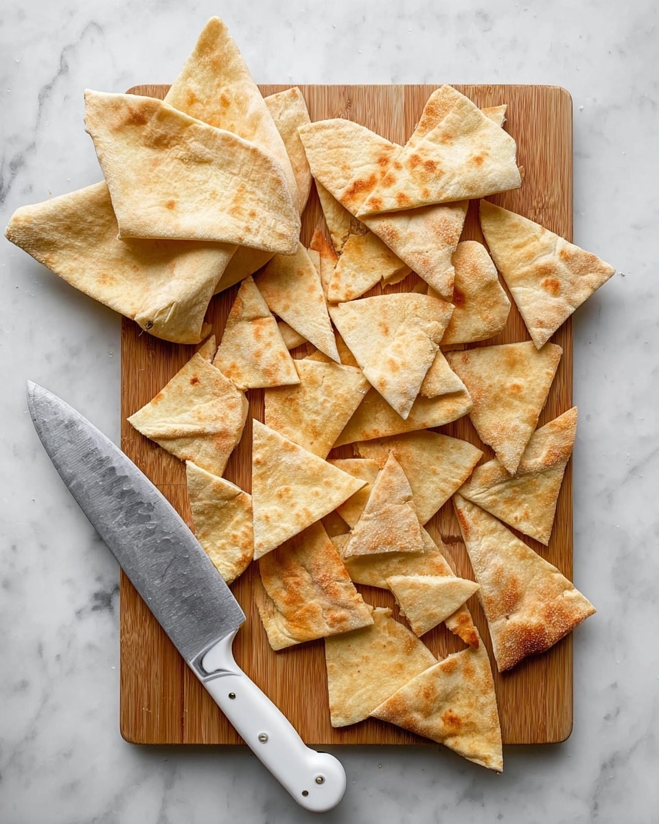 The image shows many small triangular pieces of light golden pita bread scattered on a wooden cutting board that sits on a white marbled surface. The pita pieces have a soft, spongy texture with slight browning on some edges. On the left side of the board, there are two larger, folded pita rounds placed one on top of the other. A large kitchen knife with a white handle and silver blade lies partially on the marbled surface, near the bottom left corner of the cutting board. The scene is clean and simple with warm tones from the wood and bread. photo taken with an iphone --ar 4:5 --v 7