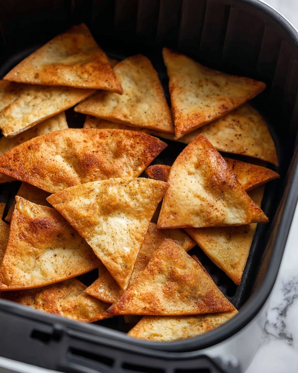 The image shows a close-up of several golden brown, triangular pieces of pita chips arranged in an air fryer basket. The chips have a crispy texture with some darker toasted spots and light seasoning visible on their surface. They are layered unevenly, slightly overlapping each other, filling the black air fryer basket. The background shows a white marbled texture beneath the basket. photo taken with an iphone --ar 4:5 --v 7