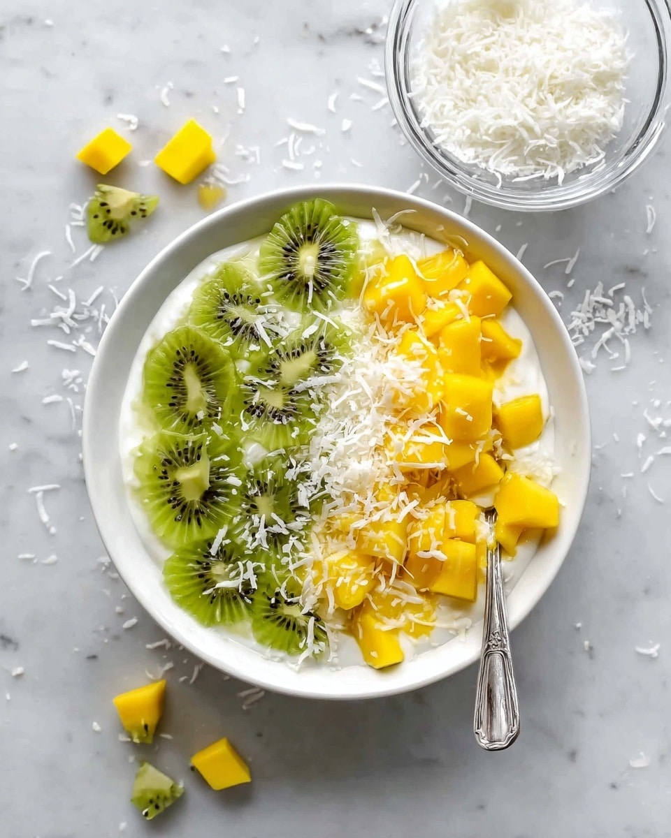 A white bowl on a white marbled surface holds a creamy white yogurt base topped with two main layers of fruit: bright green sliced kiwi on the left and vibrant yellow diced mango on the right. Shredded white coconut is sprinkled on top of the fruit and yogurt. A silver spoon is placed inside the bowl, leaning against the rim. Around the bowl, there are small pieces of kiwi, mango, and more shredded coconut scattered on the surface. Behind the bowl, a clear glass bowl filled with shredded coconut is visible. photo taken with an iphone --ar 4:5 --v 7