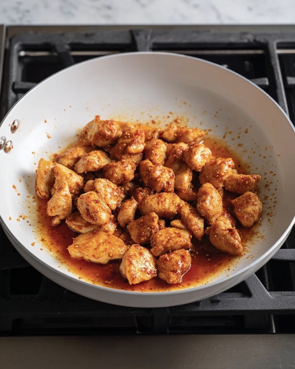 A white frying pan sits on a stove with many small pieces of cooked chicken coated in a reddish-brown sauce that pools at the bottom of the pan. The chicken pieces are piled in the center with a slightly crispy texture and lightly spiced appearance. The pan has a smooth, clean white inside surface and is surrounded by the stove's dark grates. The background shows a white marbled texture beneath the stove. photo taken with an iphone --ar 4:5 --v 7