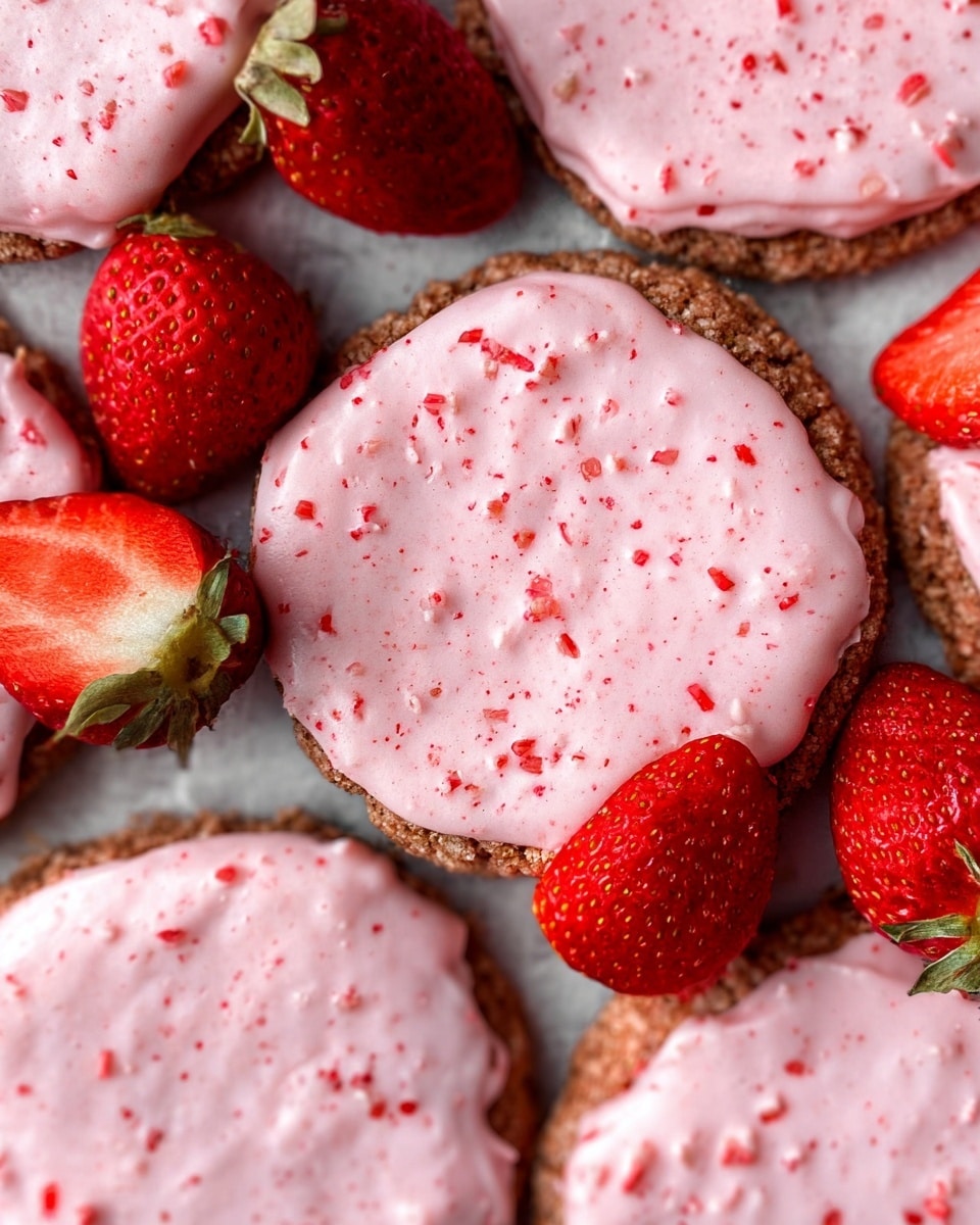The image shows a close-up of several round cookies with a light pink icing spread thickly on top, covering the entire surface of each cookie. The cookies themselves are a soft brown color with a slightly rough texture visible on the edges, contrasting with the smooth, creamy pink icing that has tiny red specks sprinkled unevenly across it. Around the cookies, there are fresh strawberries, some whole and some cut in half, adding bright red and green colors to the scene. All items rest on a white marbled texture that brightens the overall image. Photo taken with an iphone --ar 4:5 --v 7