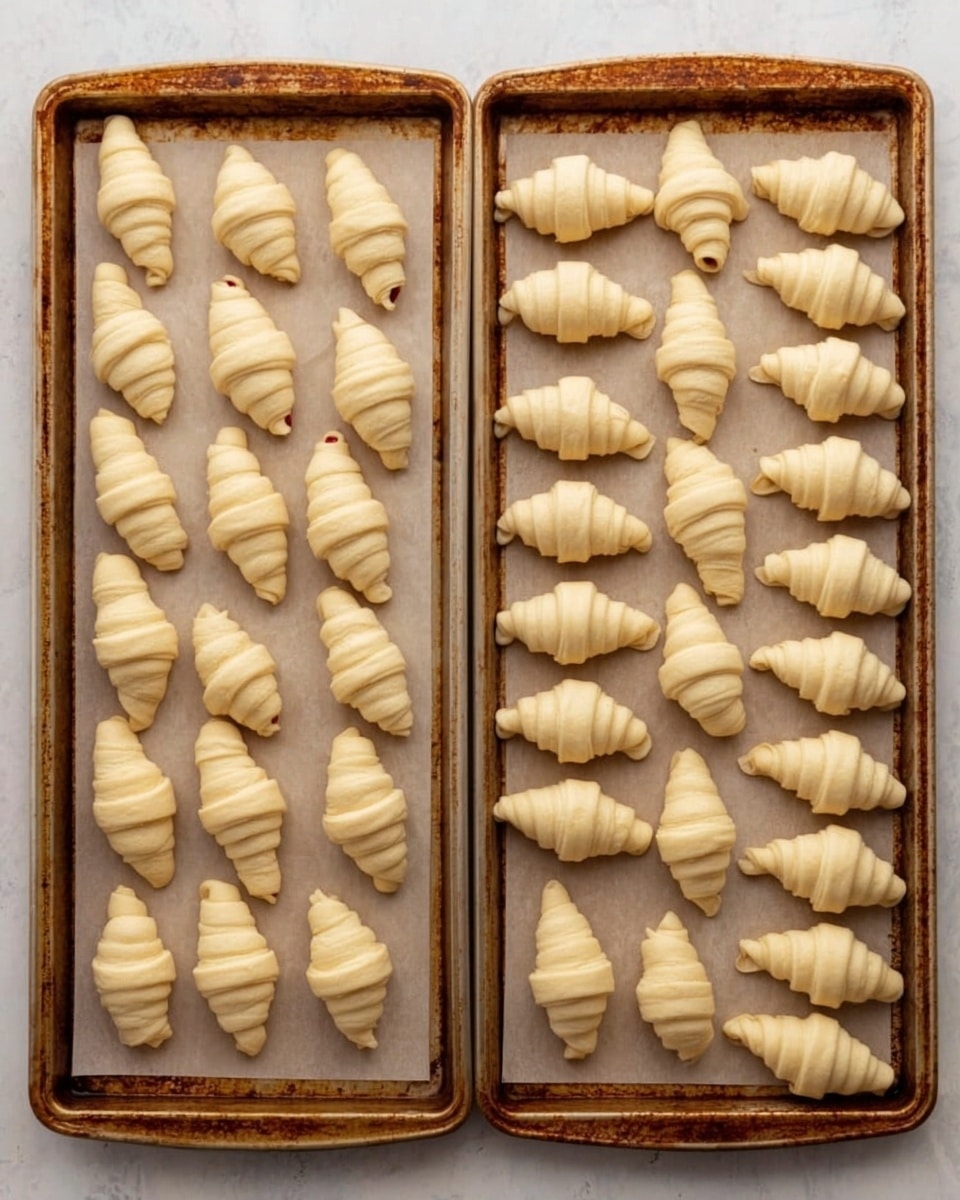 Two large baking sheets filled with rows of small, unbaked crescent rolls lined up neatly on parchment paper. Each croissant shows visible layers of light beige dough wrapped tightly in a spiral shape, with some ends slightly open showing a hint of red filling inside. The trays have a well-used brown metal look. The background is a white marbled texture. photo taken with an iphone --ar 4:5 --v 7