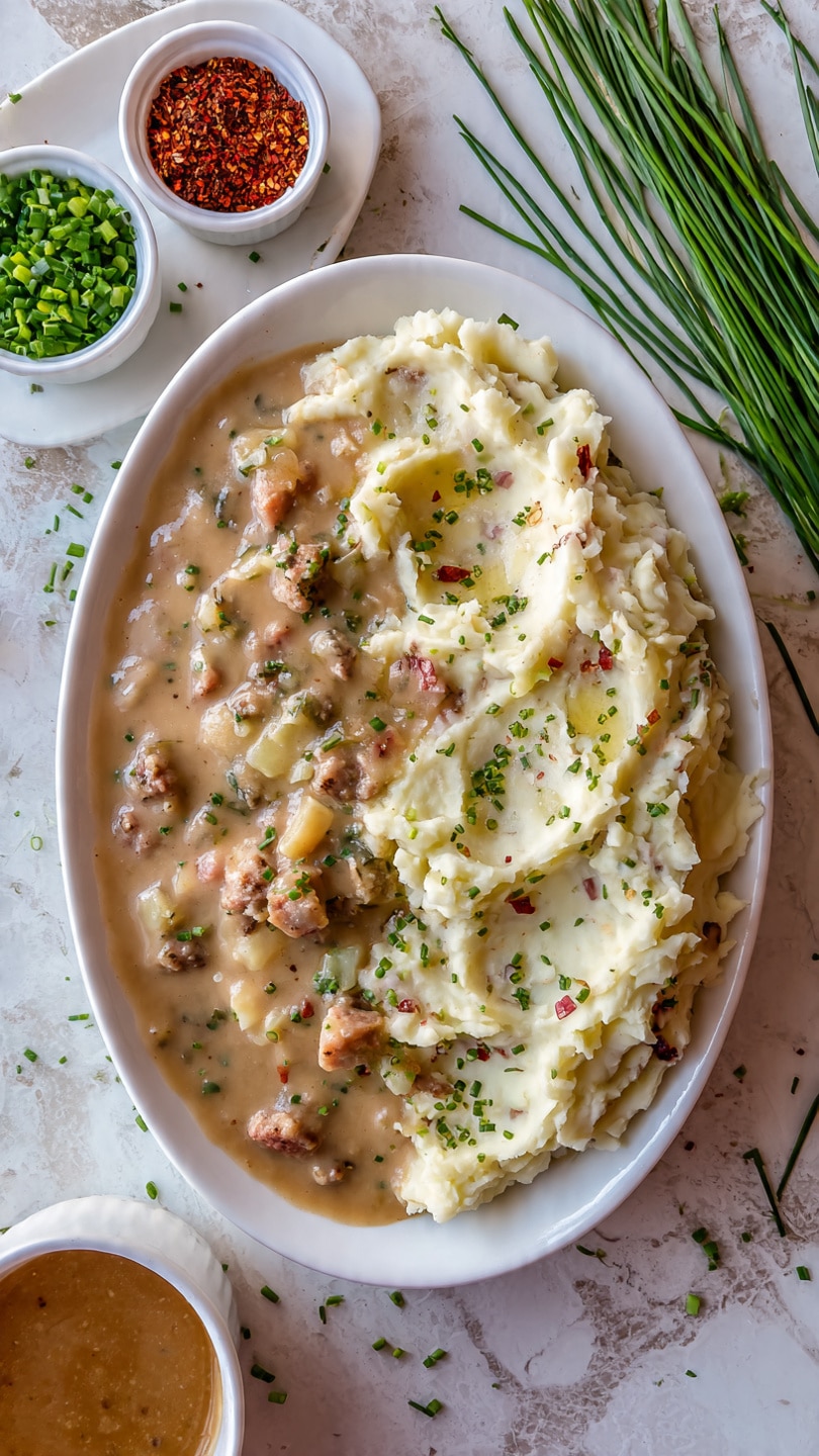 The dish shows a white oval bowl filled with creamy mashed potatoes layered on the right side, with visible small red potato skin bits adding subtle texture. On the left side, there is a thick brown sausage gravy poured over part of the mashed potatoes, with chunks of sausage and small pieces of celery and onion visible in the gravy. The mashed potatoes have a slight swirl pattern with melted butter pooling in the center, and both layers are sprinkled with finely chopped green herbs. Around the bowl are props including a small white plate with green chopped chives, a small container of red spice, a bowl with more brown gravy, and fresh green chive stalks on a white marbled textured surface. photo taken with an iphone --ar 4:5 --v 7