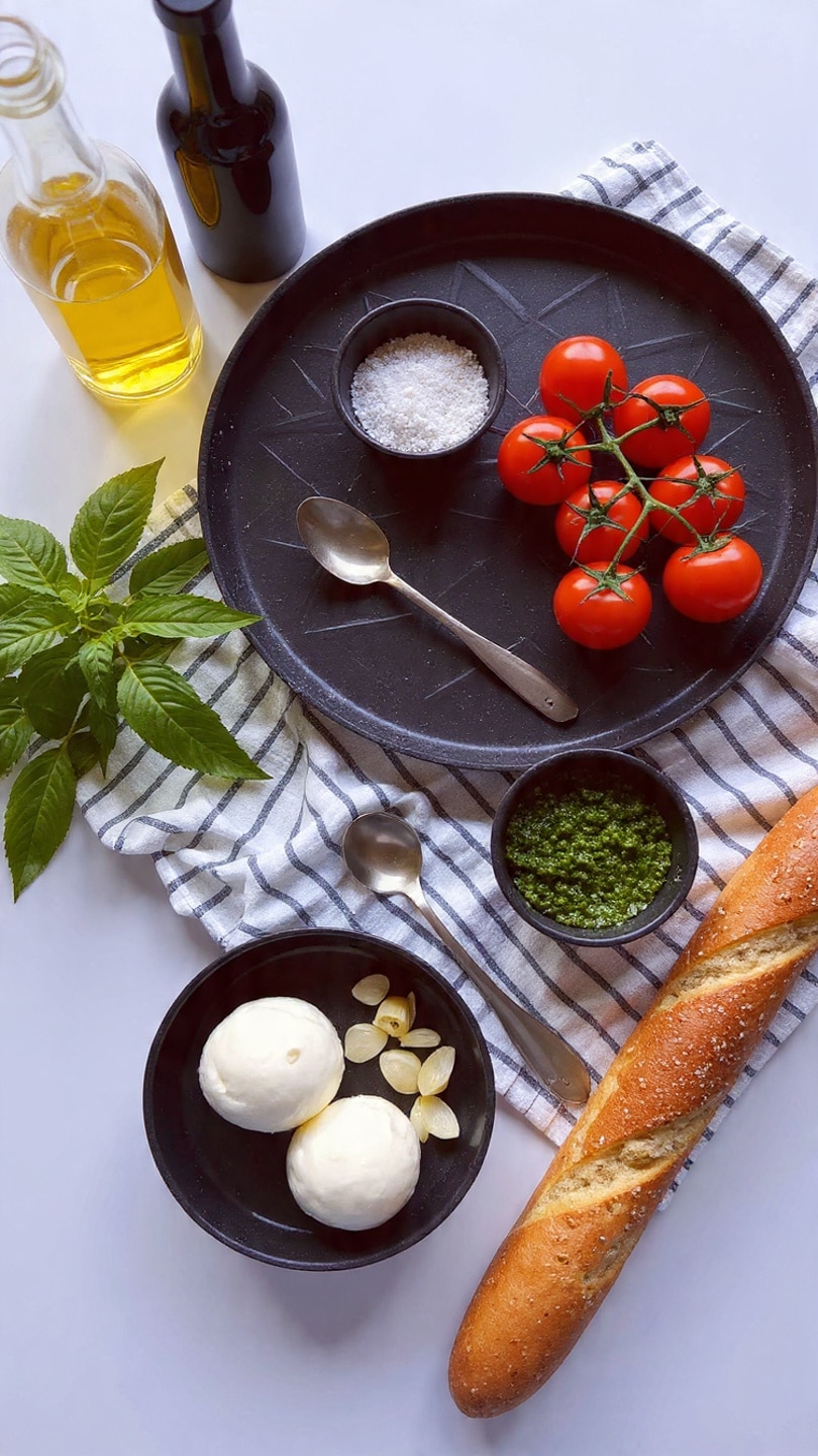 A white marbled surface holds a dark serving tray with a starburst pattern, placed on top of a white striped cloth. On the tray, bright red cherry tomatoes remain on their green vine, positioned in the center right. Above them is a small dark bowl filled halfway with coarse salt and mixed peppercorns. Below the tomatoes is another small dark bowl with green pesto. A silver spoon rests near the bowl with pesto, and to its left are peeled garlic cloves and garlic bulb parts. In front of the tray, a dark bowl contains two round white balls of fresh mozzarella cheese, one slightly cracked open to show the soft inside. To the right of the tray lies a long, golden brown baguette with a crisp crust. On the left side of the image, a glass bottle with golden olive oil and a dark bottle sit next to vibrant green basil leaves. Photo taken with an iphone --ar 4:5 --v 7
