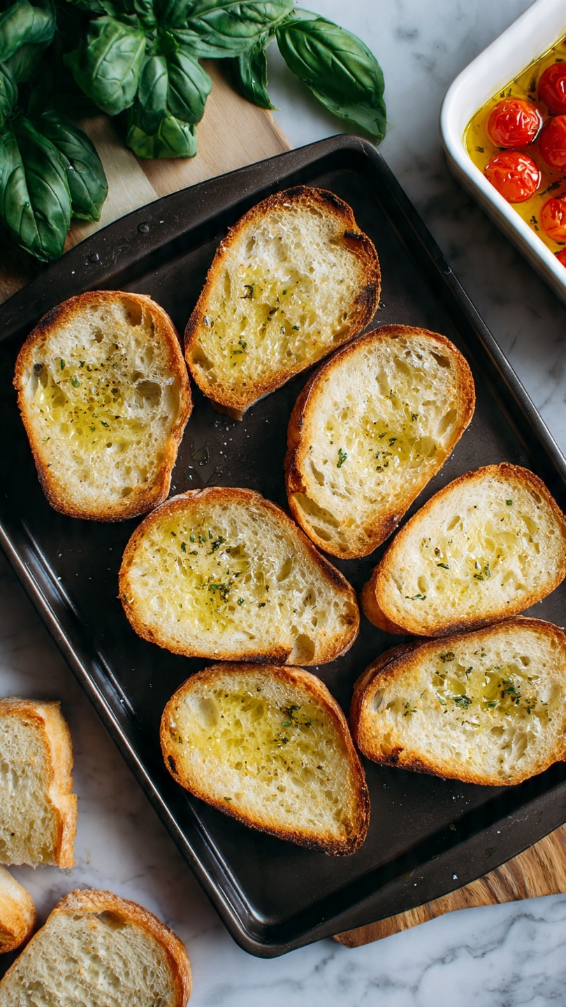 The image shows a dark baking tray with eight slices of bread arranged in two rows of four. Each slice is light golden brown with rough edges and has a shiny layer of olive oil spread on top, giving them a slightly glossy yellow-green tint. To the left of the tray, there are pieces of the same bread, including a small loaf and some cut slices. In the top left corner, a bunch of green basil leaves adds a fresh touch. On the right edge of the image, part of a white baking dish can be seen with red cherry tomatoes on a yellow sauce. All of this rests on a wood-textured surface, which should be imagined as white marbled texture. photo taken with an iphone --ar 4:5 --v 7