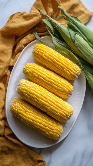 A white oval plate holds five bright yellow corn cobs stacked in two layers, three on the bottom and two on top, all showing distinct kernel rows with a slightly glossy texture. Next to the plate on a white marbled surface are fresh green corn husks and stalks, adding a natural touch. A mustard yellow cloth is softly draped behind the plate, providing warm color contrast. The light is soft, highlighting the corn's color and texture. photo taken with an iphone --ar 4:5 --v 7