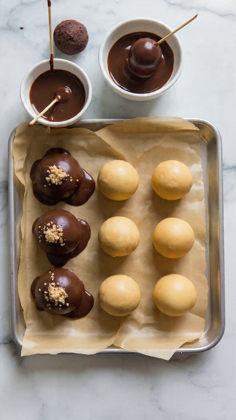 The image shows a baking sheet covered with light brown parchment paper on a white marbled surface. There are two types of round shapes arranged on the paper: six smooth, light brown dough balls on the right side and six chocolate-coated balls on the left side. The chocolate-coated balls have a shiny, dark brown layer with a rough crumb topping sprinkled on them. Above the balls is a small white bowl filled with a glossy chocolate sauce, with some sauce running down the edge. A woman's hand is partially visible near the right side, about to pick up or place one dough ball. photo taken with an iphone --ar 4:5 --v 7
