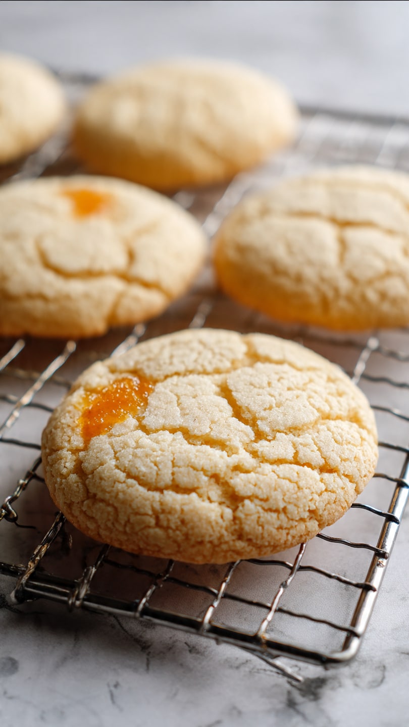 The image shows light beige round cookies with a slightly cracked surface, resting on a silver cooling rack. The cookies have a soft, crumbly texture and are spaced apart on the rack. One cookie in the back left corner shows a small spot of melted filling peeking out, adding a subtle orange hue. The background is a white marbled texture that contrasts softly with the cookies and rack. Photo taken with an iphone --ar 4:5 --v 7