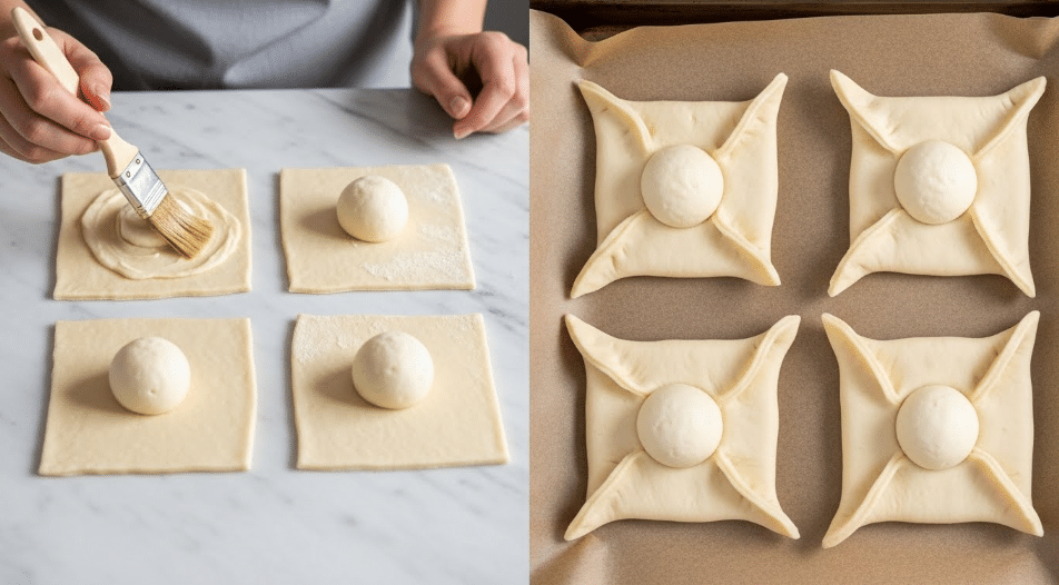 The image shows a step-by-step process of making pastries on a white marbled surface. On the left side, four square dough pieces are laid out flat with a round white filling placed in the center of each square. A woman's hand is holding a brush and applying some liquid on the dough near the top left square. On the right side, the dough squares have been folded in from all four corners, forming a pinwheel shape around the round filling in the center. The dough is light beige and looks smooth, while the filling is pale and round. The setup is placed on a baking tray lined with brown paper. Photo taken with an iphone --ar 4:5 --v 7