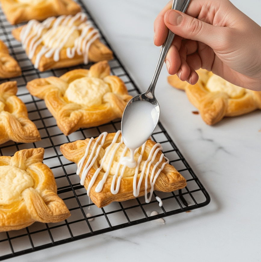 The image shows several square-shaped pastries with golden brown, flaky layers arranged on a dark metal cooling rack. Each pastry has a folded design with creamy white filling visible in the center. A woman's hand is holding a spoon, drizzling smooth white icing in thin lines over one pastry in the foreground, adding contrast between the icing and the warm tones of the baked dough. The background is softly blurred with more pastries visible. The scene is set on a white marbled surface photo taken with an iphone --ar 4:5 --v 7