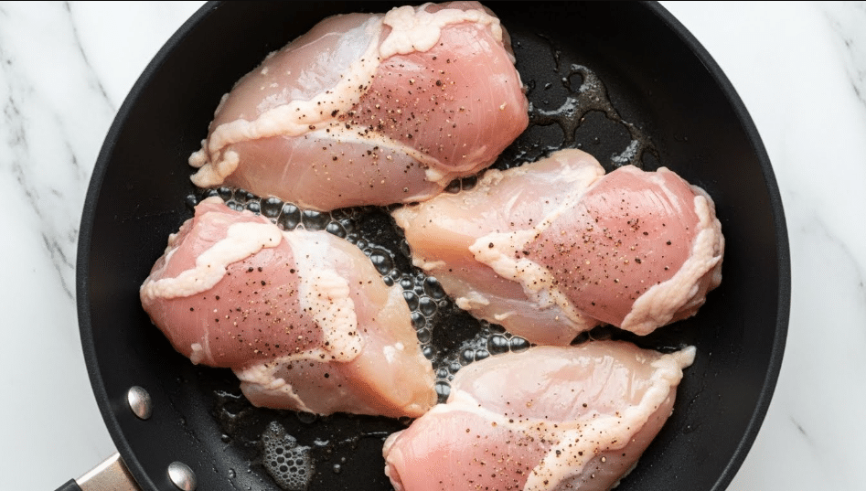 The image shows four raw chicken pieces placed flat in a black frying pan. Each piece is pink with white fat patches and sprinkled lightly with black pepper. The pan has some bubbling around the chicken, indicating it is heating. The chicken pieces are arranged close to each other but not overlapping. The background is a white marbled texture. photo taken with an iphone --ar 4:5 --v 7