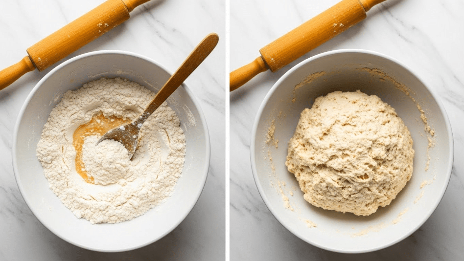 The image shows two white bowls on a white marbled surface. In the left bowl, there is a mix of dry white flour and a few wet ingredients, with a wooden spoon resting inside. The flour looks powdery and covers most of the inside of the bowl. In the right bowl, the ingredients have been mixed into a ball of dough, which appears soft and slightly crumbly with a pale beige color. In both parts of the image, a wooden rolling pin is placed near the top left corner. The scene is bright, simple, and clean. Photo taken with an iphone --ar 4:5 --v 7