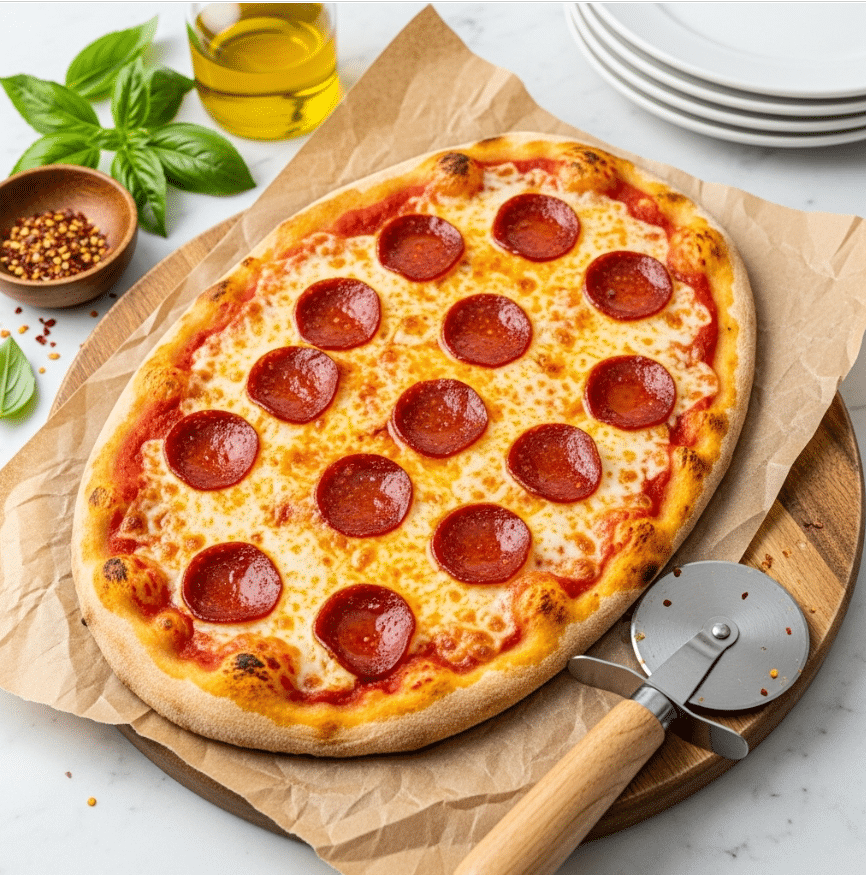 A single-layer oval pizza rests on crumpled brown paper over a wooden board with a metal pizza cutter with a wooden handle beneath the pizza's bottom right. The pizza crust is golden and slightly charred in places. The first layer is a reddish-orange tomato sauce spread evenly over the dough. The second layer is melted cheese, golden and bubbly, covering the sauce. The third layer consists of round pepperoni slices, evenly spaced across the surface, with a shiny, slightly oily texture. Around the pizza, there is a small wooden bowl with chili flakes, green basil leaves, a glass of golden oil, and a stack of white plates on a white marbled surface. photo taken with an iphone --ar 4:5 --v 7