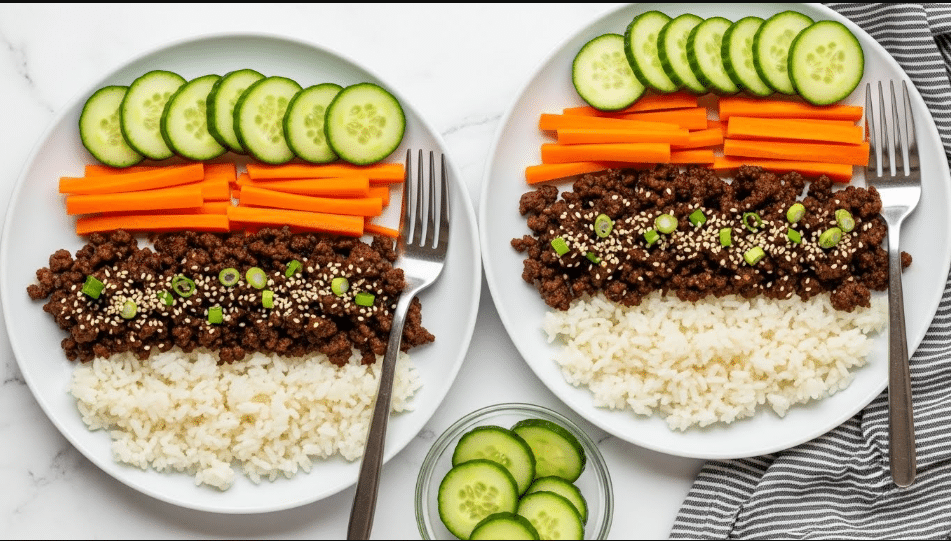 The dish is on a white plate and has three main layers. The bottom layer is white rice with a soft texture. On top of the rice is a dark brown cooked ground meat mixed with small bits of green onions and sprinkled with white sesame seeds. The top layer has fresh cucumber slices that are light green with a smooth texture, arranged neatly, with thin orange carrot sticks placed beside the cucumbers. A fork with a shiny silver handle rests on the plate. The setting is on a white marbled surface with a gray striped cloth nearby. Photo taken with an iphone --ar 4:5 --v 7