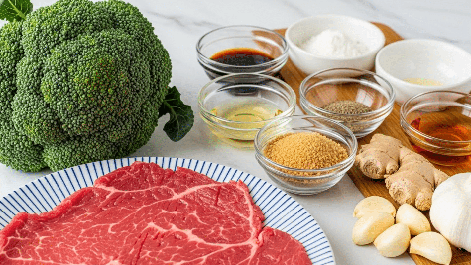 A close-up view shows a thin, raw red meat layer resting on a white plate with blue stripes, positioned at the lower left. Above the plate, there is a large green broccoli head with a textured surface. To the right of the broccoli and meat, several small glass and white bowls are arranged on a wooden surface, each containing different ingredients: a small white bowl with a white powder, glass bowls with dark soy sauce, light-colored liquid, ground pepper, brown sugar, golden syrup, fresh ginger root, and three peeled white garlic cloves. The background is a white marbled texture. photo taken with an iphone --ar 4:5 --v 7