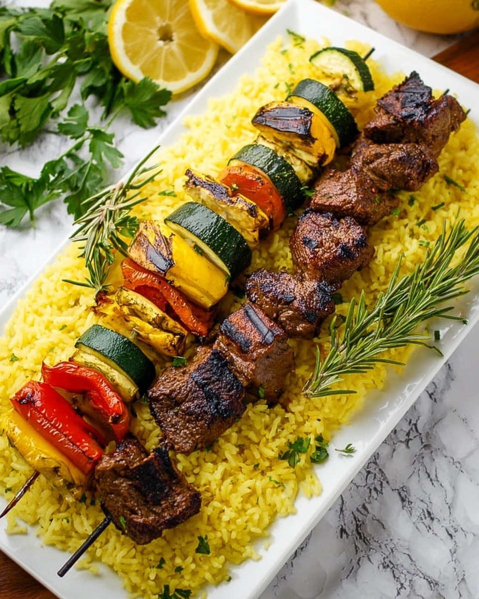 A white plate holds a skewer with grilled beef chunks and another skewer with colorful grilled vegetables including red bell pepper, zucchini, and onion, all placed on a bed of yellow rice. Sprigs of fresh green rosemary rest on top of the rice, adding texture and color. In the background, there is a second white plate with more grilled meat skewers, slightly blurred. A lemon slice and green parsley garnish sit near the main plate, and a glass of orange-colored drink stands to the right. The scene is set on a white marbled surface. photo taken with an iphone --ar 4:5 --v 7