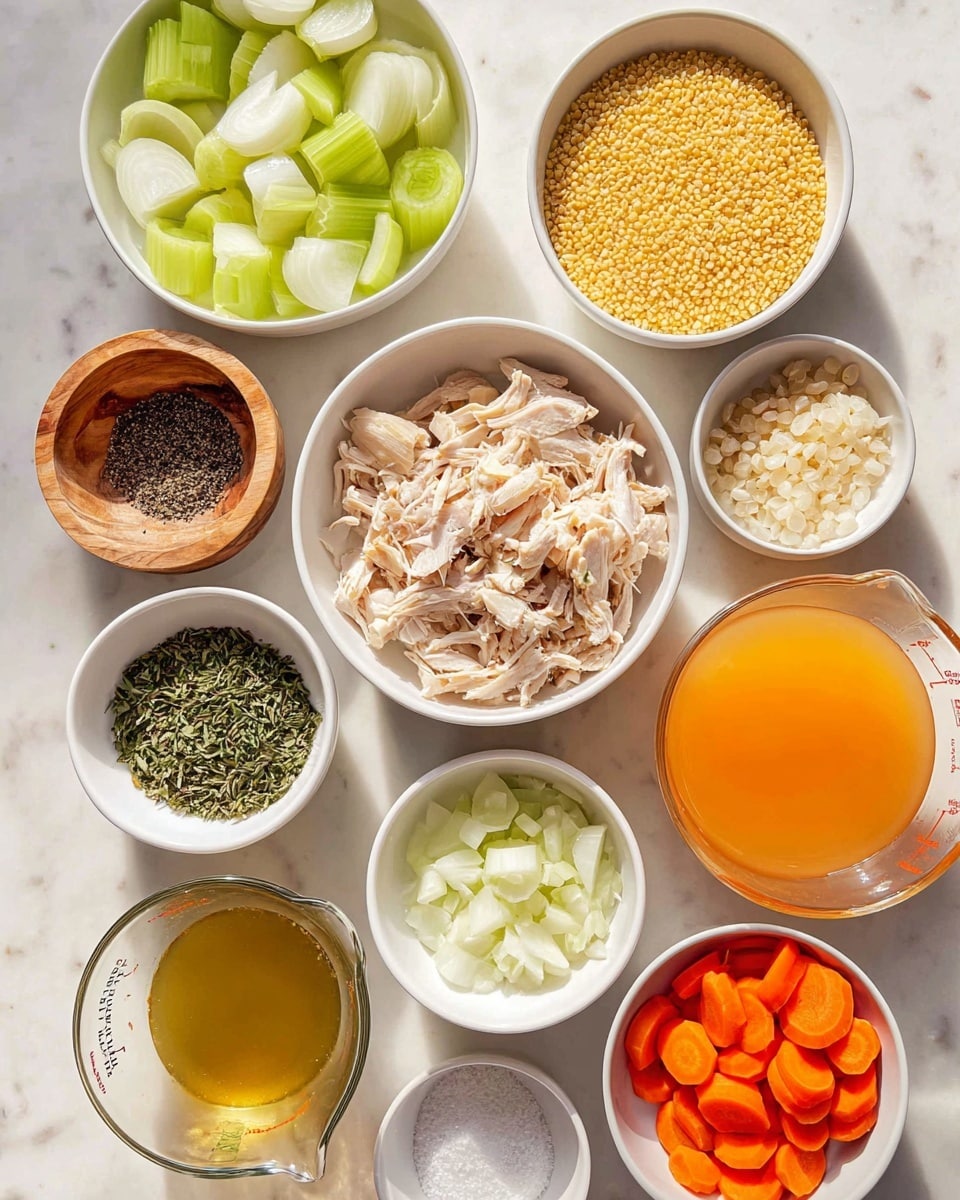 A top view of various cooking ingredients in separate white bowls and containers placed on a white marbled surface, seen in a neat arrangement. There are nine main parts: one white bowl filled with pale sliced celery pieces near the center top, to its right a white bowl with small yellow grains, and below it a large white bowl with shredded light beige cooked chicken. Near the lower right, a clear glass measuring cup holds orange-yellow broth. At the bottom left, a white bowl contains chopped white onions, next to it a round wooden bowl filled with white salt. Moving upward, a white bowl holds loosely packed dried green herbs, near it a smaller white bowl with minced pale garlic, and below, a white bowl of bright orange carrot slices. There is also a white bowl with cracked black pepper on the left, and at the top left, a white bowl with golden yellow oil. The lighting is soft and natural, with everything clearly visible and neatly organized. Photo taken with an iphone --ar 4:5 --v 7