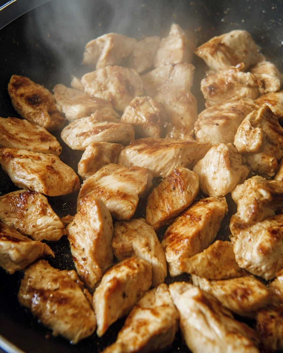 A close-up view of many pieces of chicken with a light brown color and grill marks cooking together in a black pan with steam rising around them. The chicken pieces are spread across the pan’s surface, showing a mix of slightly browned and lighter parts with a moist texture. The background has a soft, white marbled texture. Photo taken with an iphone --ar 4:5 --v 7