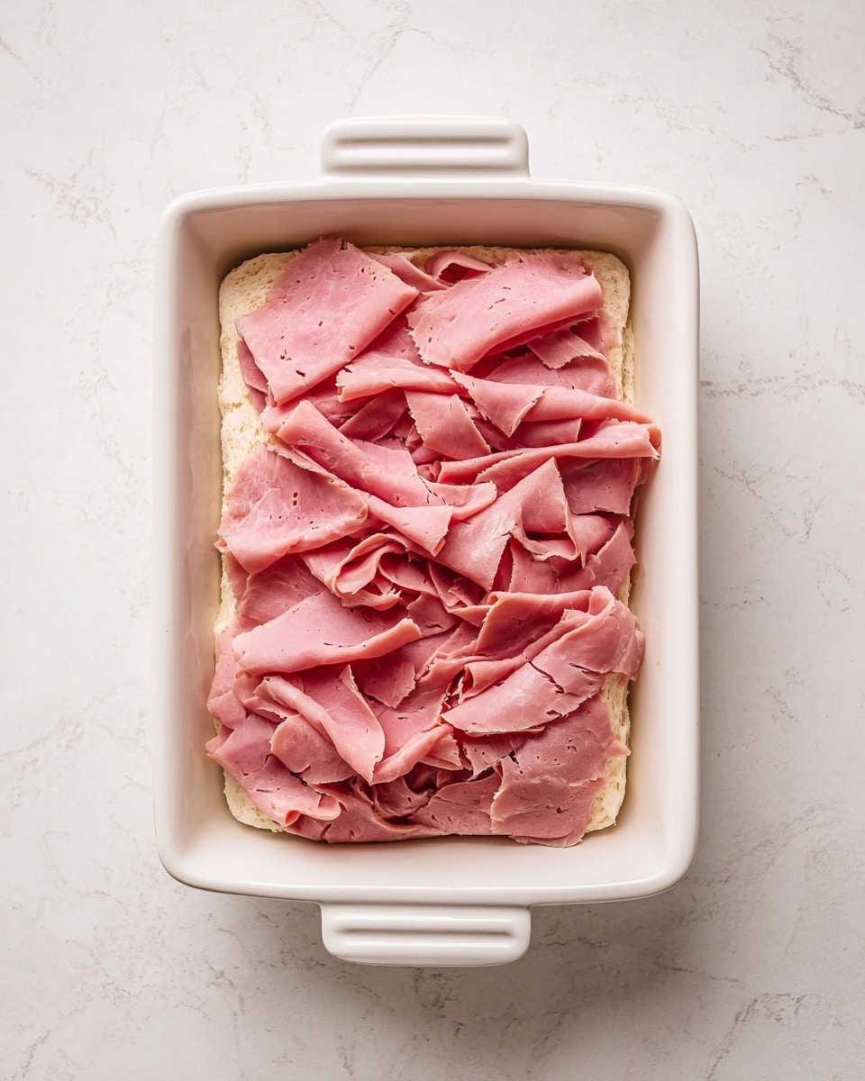 The image shows a white rectangular dish with handles on each side placed on a white marbled surface. Inside the dish is one layer of a light tan colored bread base. On top of the bread, there is one layer of thinly sliced pink roast meat, arranged to fully cover the bread, with some slices slightly folded and layered over each other, showing texture and small holes in the meat. The overall look is neat, with the meat layering giving a soft, smooth appearance. photo taken with an iphone --ar 4:5 --v 7