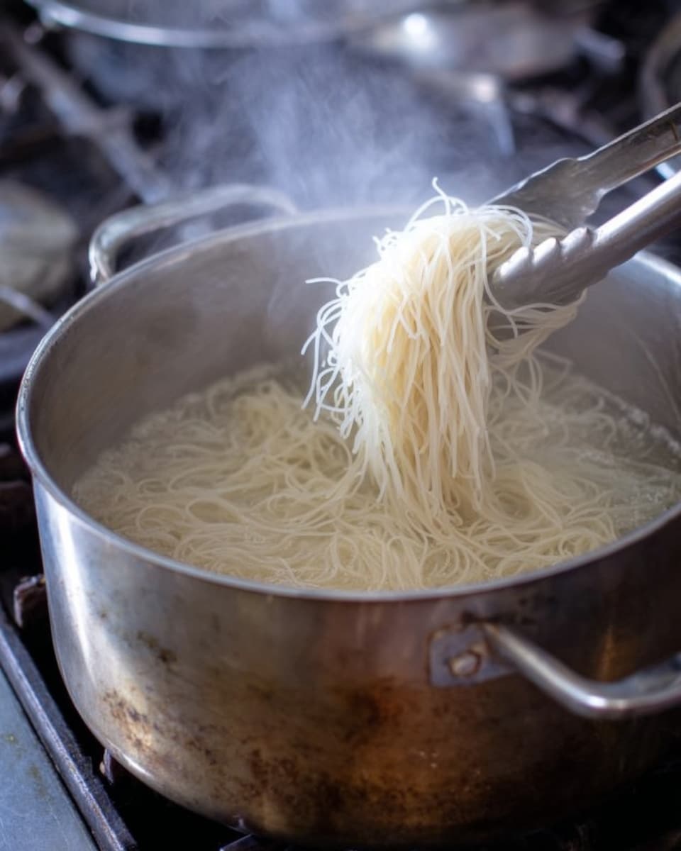 A large silver pot filled with thin, translucent rice noodles being cooked in boiling water that is steaming. Metal tongs hold a small bunch of pale white noodles above the pot. The pot is shiny and slightly worn, placed on a stove. The background shows the pot edges and faint kitchen details with steam rising softly. photo taken with an iphone --ar 4:5 --v 7